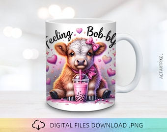 Milchtee Highland Kuh Becherverpackung, Gefühl sprudelnde Becherverpackung, Becher Sublimationsdesign, 11 Unzen und 15 Unzen Becherdesigns, Becherverpackung PNG, digitaler Download