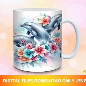May include: A white ceramic mug featuring a colourful design of three dolphins leaping through a spray of water and flowers. The flowers are pink, purple, blue and yellow.