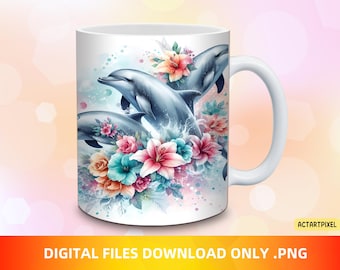 Beach Ocean Dolphin Mug Wrap, 11 and 15oz Mug Wrap PNG, Mug Sublimation, Flower Mug Wrap, Mug Wrap Design, Mug PNG, Instant Download