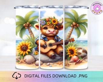 Highland Cow Tumbler Wrap, 20oz Skinny Tumbler, Sublimation PNG, Beach Tumbler Wrap, Summer Tumbler Wrap, Tumbler Wrap Kawaii