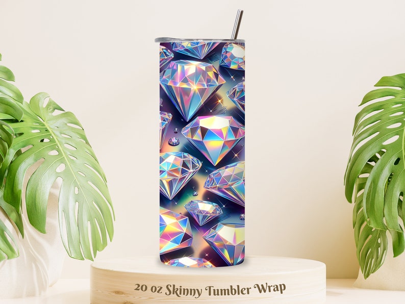 Pode incluir: Uma capa para copo skinny de 20 oz com um padr&atilde;o de diamante hologr&aacute;fico. Os diamantes s&atilde;o iridescentes e t&ecirc;m um efeito arco-&iacute;ris. O fundo &eacute; azul escuro com um brilho sutil.