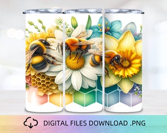 Envoltura de vaso floral de panal de abeja, envoltura de vaso delgado de 20 oz Sublimación Descarga digital PNG, Diseño de vaso de colmena, Regalo de vaso de abeja