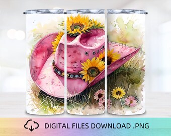 Cowgirl Hat Skinny Tumbler Wrap, Bicchiere da 20 once, Design a sublimazione, Western Tumbler Wrap, Cappello da Cowgirl rosa PNG, Download digitale, Cowgirl PNG