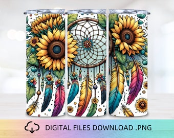 Dreamcatcher Floral Tumbler Wrap, 20oz Skinny Tumbler Wrap, Sublimation Design, Boho Flowers Tumbler, PNG Template, Instant Download