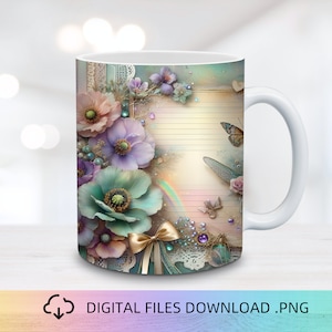 Floral Scrapbook Mug Wrap, 11&15oz Mug Wrap PNG, Mug Sublimation, Flower Mug Wrap, Mug Wrap Design, Mug PNG, Teal Flowers Mug Wrap