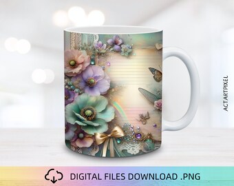 Floral Scrapbook Mug Wrap, 11&15oz Mug Wrap PNG, Mug Sublimation, Flower Mug Wrap, Mug Wrap Design, Mug PNG, Teal Flowers Mug Wrap