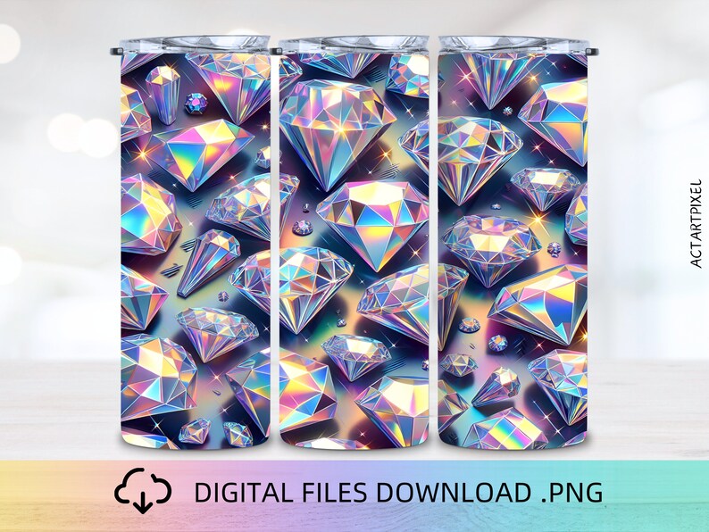 Pode incluir: Um design de sublima&ccedil;&atilde;o com um padr&atilde;o repetitivo de diamantes iridescentes e hologr&aacute;ficos sobre um fundo azul escuro. Este design &eacute; perfeito para criar canecas personalizadas, x&iacute;caras ou outros itens personalizados.