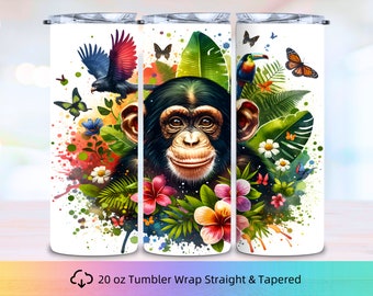 Envoltura de vaso flaco de chimpancé, vaso flaco de 20 oz, diseño de vaso de mono, sublimación de vaso, envoltura de vaso de vida silvestre, diseño de sublimación