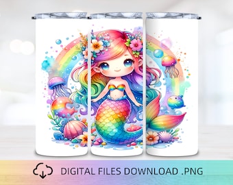 Adorable Rainbow Little Mermaid 20oz Skinny Tumbler Wrap PNG Design, Mermaid Themed Sublimation | 300DPI PNG | Instant Download