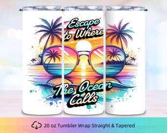 Beach Sunset 20 oz Skinny Tumbler Sublimation Design, Beach Tumbler Wrap, Ocean Tumbler Wrap, Ocean Sunset Tumbler PNG, Digital Download