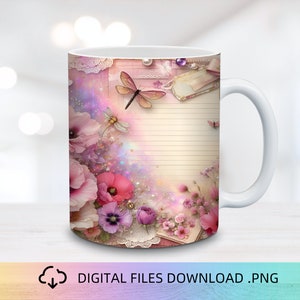 Floral Scrapbook Mug Wrap, 11&15oz Mug Wrap PNG, Mug Sublimation, Flower Mug Wrap, Mug Wrap Design, Mug PNG, Pink Flowers Mug Wrap