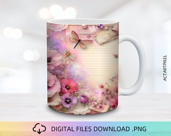 Floral Scrapbook Mug Wrap, 11&15oz Mug Wrap PNG, Mug Sublimation, Flower Mug Wrap, Mug Wrap Design, Mug PNG, Pink Flowers Mug Wrap