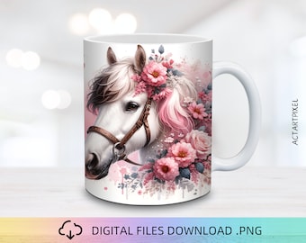 Horse Florals Mug Wrap, 11 and 15oz Mug Wrap PNG, Mug Sublimation, Horse Mug Wrap, Mug Wrap Design, Mug PNG, Cute Mug, Sublimation PNG