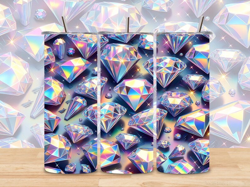 Pode incluir: Tr&ecirc;s copos de a&ccedil;o inoxid&aacute;vel com um padr&atilde;o de diamante hologr&aacute;fico. Os copos s&atilde;o iridescentes e t&ecirc;m um efeito arco-&iacute;ris.