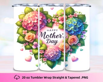Envoltorio para vaso de 20 oz con diseño floral y corazón para el Día de la Madre, archivo PNG digital, descarga instantánea, sublimación para el Día de la Madre, recto y cónico