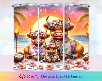 Highland Cow on the beach Skinny Tumbler wrap, 20oz Skinny Tumbler, Tumbler Design, Tumbler Sublimation, Tumbler Wrap PNG, Beach Tumbler