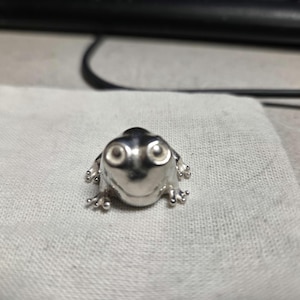 May include: A small, polished silver-toned frog figurine with a smooth, rounded body and prominent, circular eyes. The frog is depicted in a seated position with its front and back legs visible, featuring detailed toes and a reflective metallic surface.
