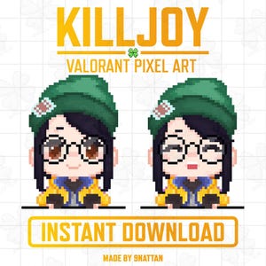 Könnte beinhalten: Pixel-Art-Illustration von Killjoy aus Valorant, die eine grüne Mütze, eine Brille und eine gelbe Jacke trägt. Das Bild enthält den Text "KILLJOY VALORANT PIXEL ART" und "SOFORT-DOWNLOAD".