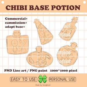 Puede incluir: Ilustración de arte digital con cinco diseños de botellas de pociones con personajes chibi en el interior. El texto "CHIBI BASE POTION" está en la parte superior. El texto adicional incluye "Commercial+", "cammission+", "adapt base+", "PND Line art / PNG paint 1000*1000 pixel", "EASY TO USE" y "PERSONAL USE".