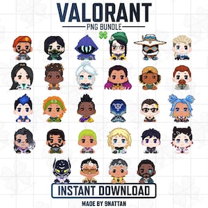 May include: A collection of 25 pixel art character illustrations from the game Valorant. The characters are in a chibi style, with various skin tones, hair colors, and outfits. The text "VALORANT PNG BUNDLE" and "INSTANT DOWNLOAD" are also present.