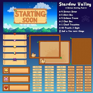 May include: A digital illustration of a video game overlay pack for the game Stardew Valley. The overlay pack includes a variety of elements, such as stream scenes, alert boxes, webcam frames, chat boxes, cloud transitions, and panels. The overlay pack is designed to help streamers create a more professional and engaging stream.