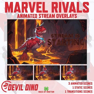 May include: Animated stream overlays with a red dinosaur character, labelled "DEVIL". The overlays include scenes for "Stream is Starting", "Pause", "Ending", and "Offline". The title "MARVEL RIVALS" is at the top of the image.
