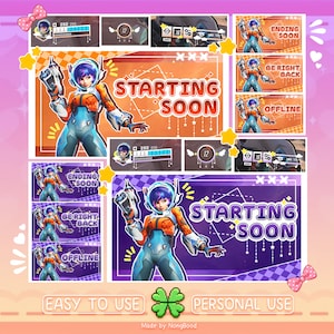 Puede incluir: Un conjunto de superposiciones de transmisión digital con un personaje femenino futurista con un traje espacial azul y naranja. Las superposiciones incluyen pantallas "Starting Soon", "Ending Soon", "Be Right Back" y "Offline", con elementos de interfaz de juego.