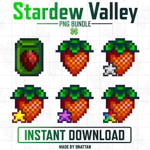 Peut inclure: Un ensemble PNG numérique avec des images pixélisées de Stardew Valley. Le design comprend un pot de confiture de fraises, plusieurs fraises avec des sommets verts et divers accents d'étoiles et de gemmes. Le texte "Stardew Valley PNG Bundle" et "Instant Download" sont également présents.
