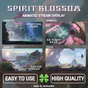 May include: Animated stream overlay featuring a fantasy landscape theme. The overlay includes four different scenes: starting soon, be right back, ending soon, and offline. The overlay is easy to use and high quality.