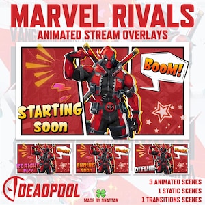 Puede incluir: Overlays animados de Marvel Rivals con Deadpool. El diseño incluye a Deadpool en rojo y negro con el texto "Starting Soon" y "Boom!". Escenas adicionales: "Be Right Back", "Ending Soon" y "Offline".
