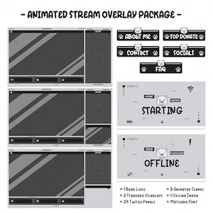 Könnte beinhalten: Ein schwarz-weißes animiertes Stream-Overlay-Paket für Twitch mit einem Bärenlogo, drei Standard-Overlays, 24 Twitch-Panels, drei animierten Szenen, einem Offline-Bild und einer passenden Schriftart. Das Paket enthält einen Startbildschirm, einen Offline-Bildschirm und einen Chat-Bildschirm.