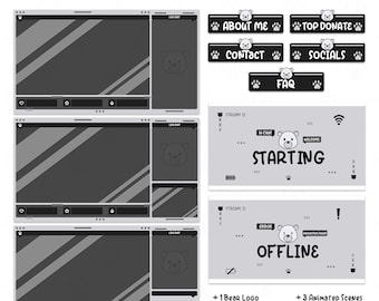 Cute Bear Animate Stream Overlay Package | Black and White style | Twitch panels | Stream Overlay