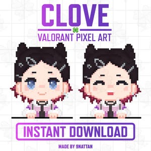以下が含まれることがあります： ピンクと白のジャケットを着た、Valorantのキャラクター、クローブのピクセルアート。画像には「CLOVE VALORANT PIXEL ART INSTANT DOWNLOAD MADE BY 9NATTAN」というテキストが含まれています。