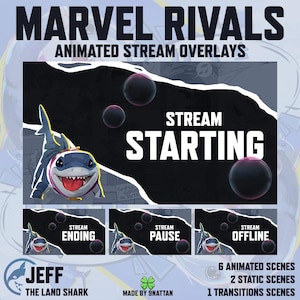 Może przedstawiać: Animowane nakładki na strumień z postacią kreskówkowego rekina. Nakładki zawierają tekst, który brzmi "Stream Starting", "Stream Ending", "Stream Pause" i "Stream Offline". Nakładki są przeznaczone do użytku na Twitchu lub YouTube.