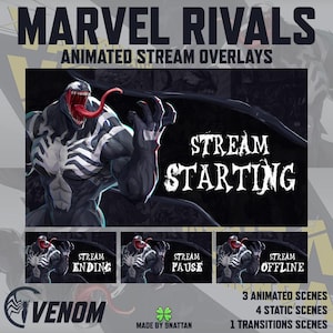 May include: Animated stream overlays featuring Venom from Marvel Rivals. The overlays include scenes for starting, ending, pausing, and going offline. The overlays are black with white text and a Venom character illustration.