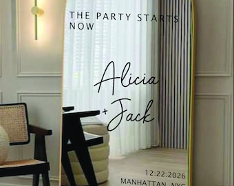 Custom Wedding Mirror Decal: "The Party Starts Now" Gold Vinyl Lettering