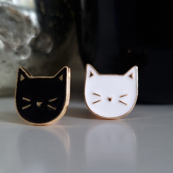 Set Of Two Black And White Cute Cats Enamel Pin, Lapel Badge, Broach, Gift For Cat Lovers