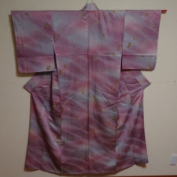 Japanese Women's Silk Kimono Dress dull pink and blue-gray shells box