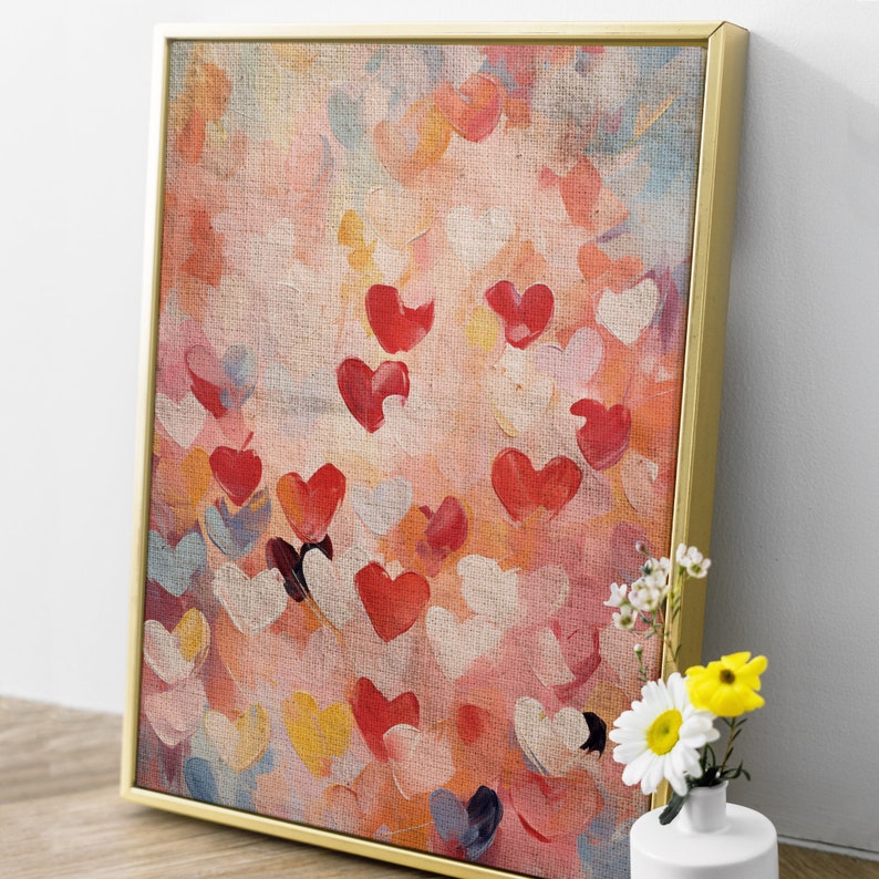 Printable Abstract Rain of Colorful Hearts Oil Painting, Valentines Day, Classic Art, Art Decor, Digital Download Art Wall 29V zdjęcie 6