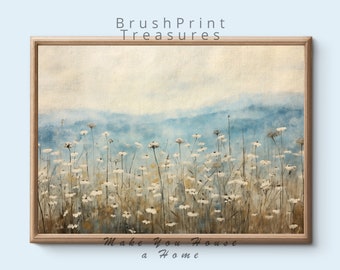 Printable Vintage Meadow Tiny White Flowers Landscape Oil Painting, Art Print, Cottage Decor, Digital Download Art Wall 12H