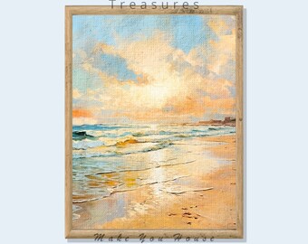 Vintage Summer Beach at Sunset Landscape Printable Oil Painting, Farmhouse Art Print, Cottagecore Decor, Digital Download Art Wall 17V