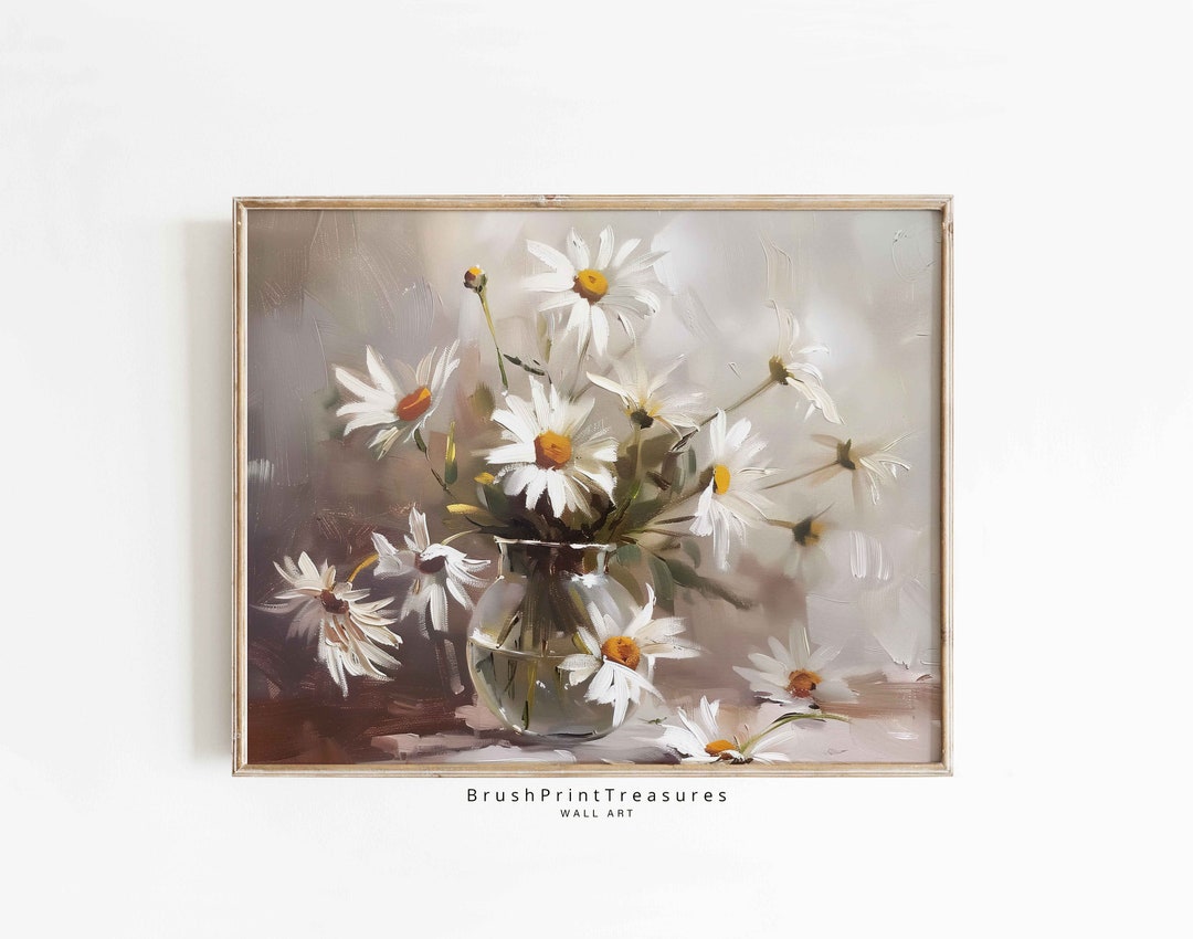Printable Vintage White Daisies in a Glass Vase Spring Oil Painting ...