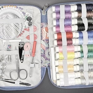 May include: A blue zippered sewing kit, open to reveal various sewing supplies. The kit includes spools of colorful thread, needles, scissors, buttons, pins, and a measuring tape. The kit is organized with elastic bands and pockets.