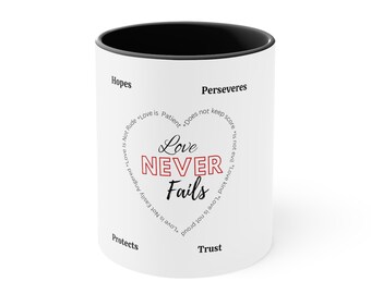 Love Never Fails plain Accent Coffee Mug, 11oz