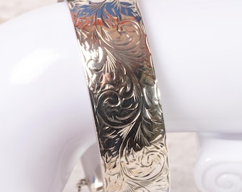Large, Vintage, Sterling-Silver Bangle with fine Scroll & Flower Engraving