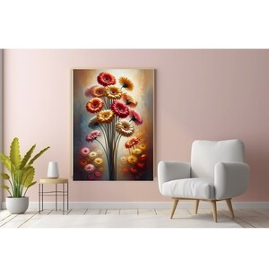 Puede incluir: Una pintura de un ramo de flores coloridas, principalmente rojas, amarillas y naranjas, con un fondo suave y borroso. Las flores están dispuestas en un jarrón, y la pintura tiene un ambiente vintage y romántico.
