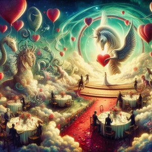 Puede incluir: Ilustración caprichosa de una escena romántica con globos en forma de corazón, un unicornio alado sosteniendo un corazón y una pareja en un escenario. Las mesas están preparadas para una celebración, con una alfombra roja que conduce al escenario.