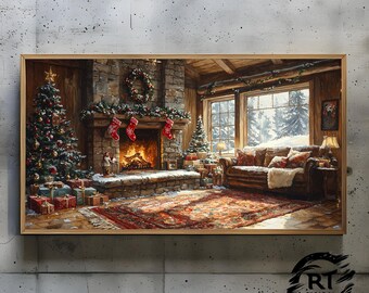 Frame TV Art JPG 4K Alta Resolução 300dpi - Cabana de Inverno Véspera de Natal com Lareira