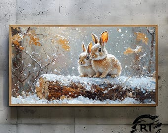 Frame TV Art JPG 4K Alta Resolução 300dpi - Dois coelhos em um tronco coberto de neve em uma floresta maravilhosa