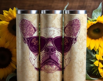 Embalagem para copo 20 oz, download digital PNG 300 dpi - Bulldog Francês estiloso com óculos de sol intrincados
